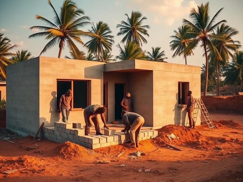Builder laying blocks on a Gambian construction site (sample photo)